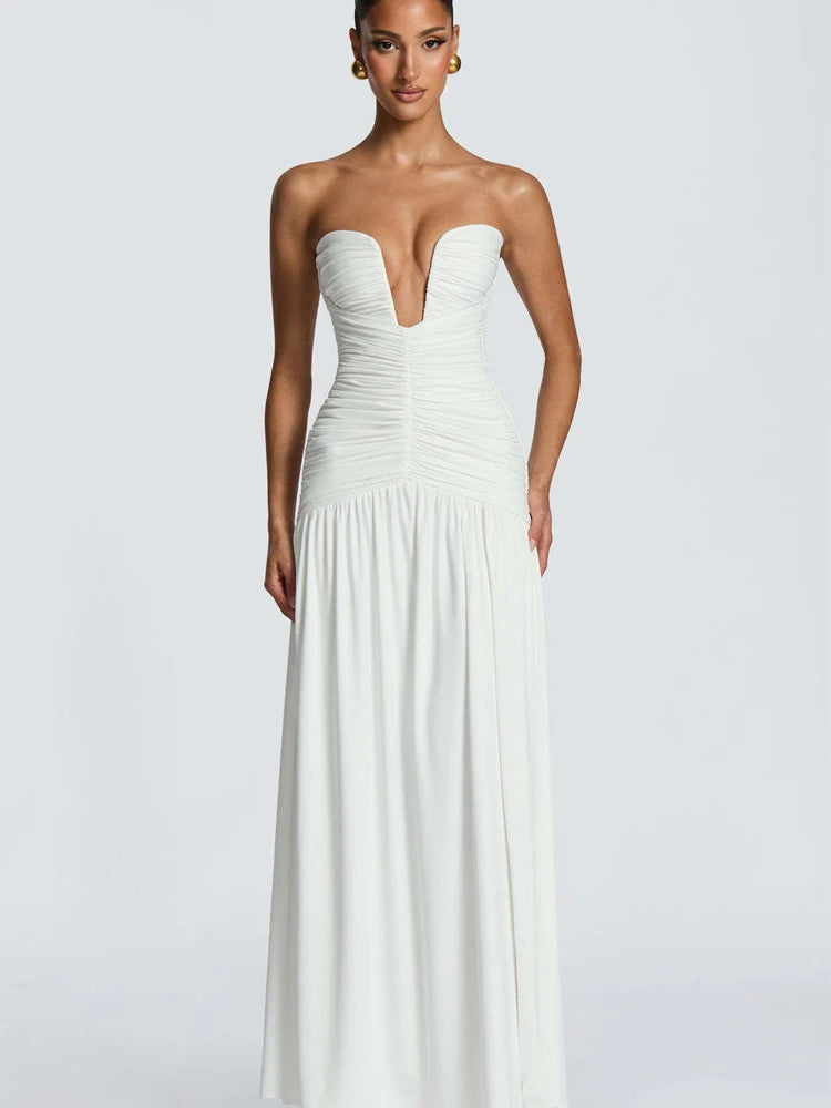 שמלת מקסי "פיסולית" עם מחשוף V עמוק – לונה